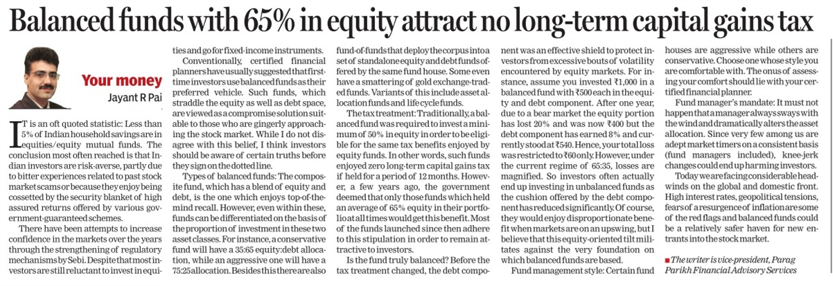 Balanced funds with 65% in equity attract no long-term Capital Gains Tax