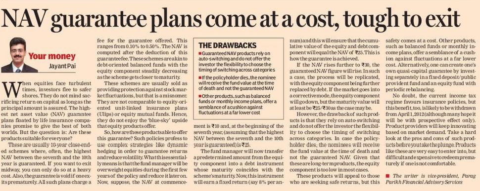 NAV guarantee plans come at a cost, tough to exit: The Financial Express dt. 18th October 2011