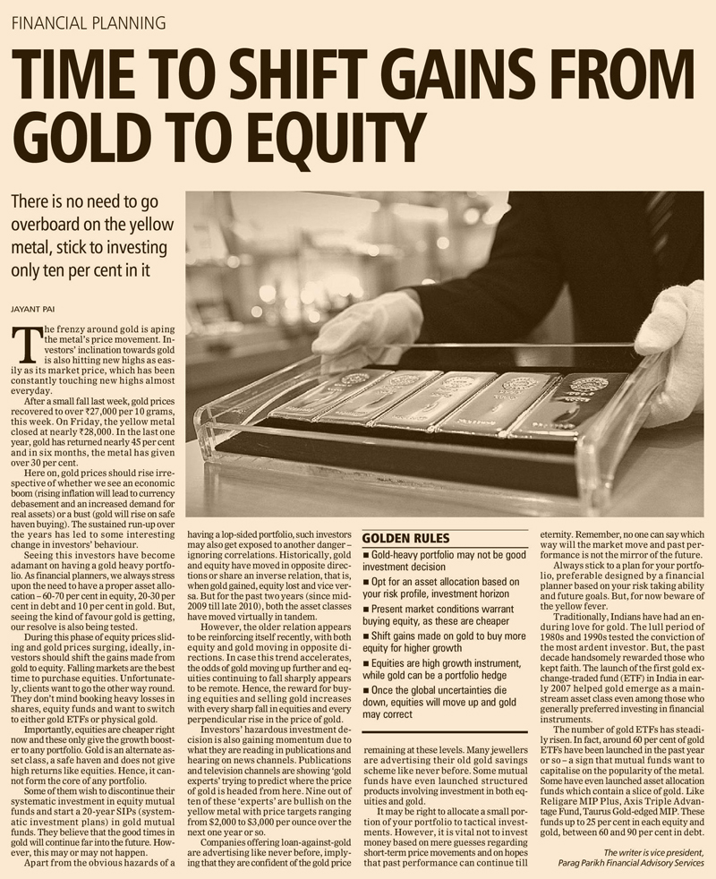Time to shift gains from gold to equity- Business Standard